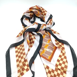 Coffee color imitation silk printed plaid square scarf